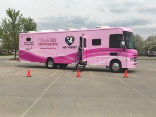 Coach bus converted to 3-D mammography clinic